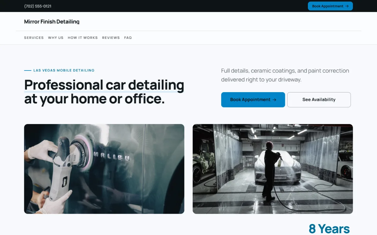 Bright car detailing website template: light and airy, with two photos under the headline
