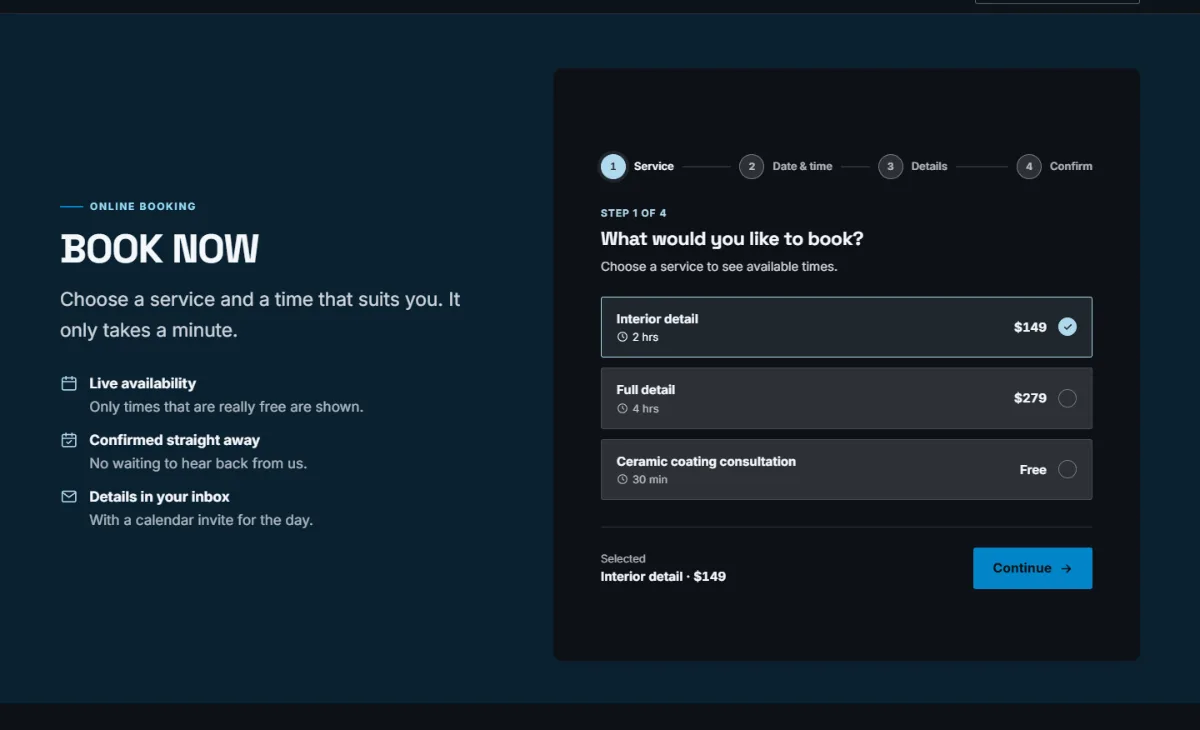 Online booking form on the Dark car detailing website template: customers choose a service, then a free time