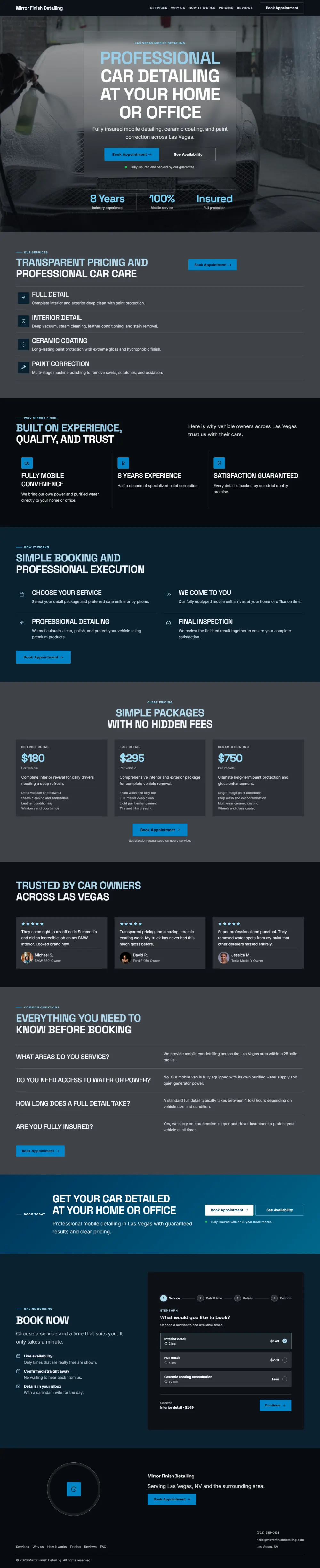 Dark car detailing website template, the whole home page: dark mode throughout, with a glass card over the photo