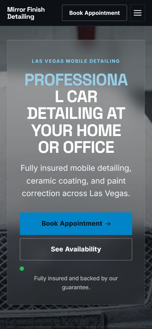 Dark car detailing website template on a phone: dark mode throughout, with a glass card over the photo