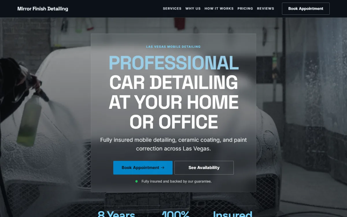 Dark car detailing website template: dark mode throughout, with a glass card over the photo