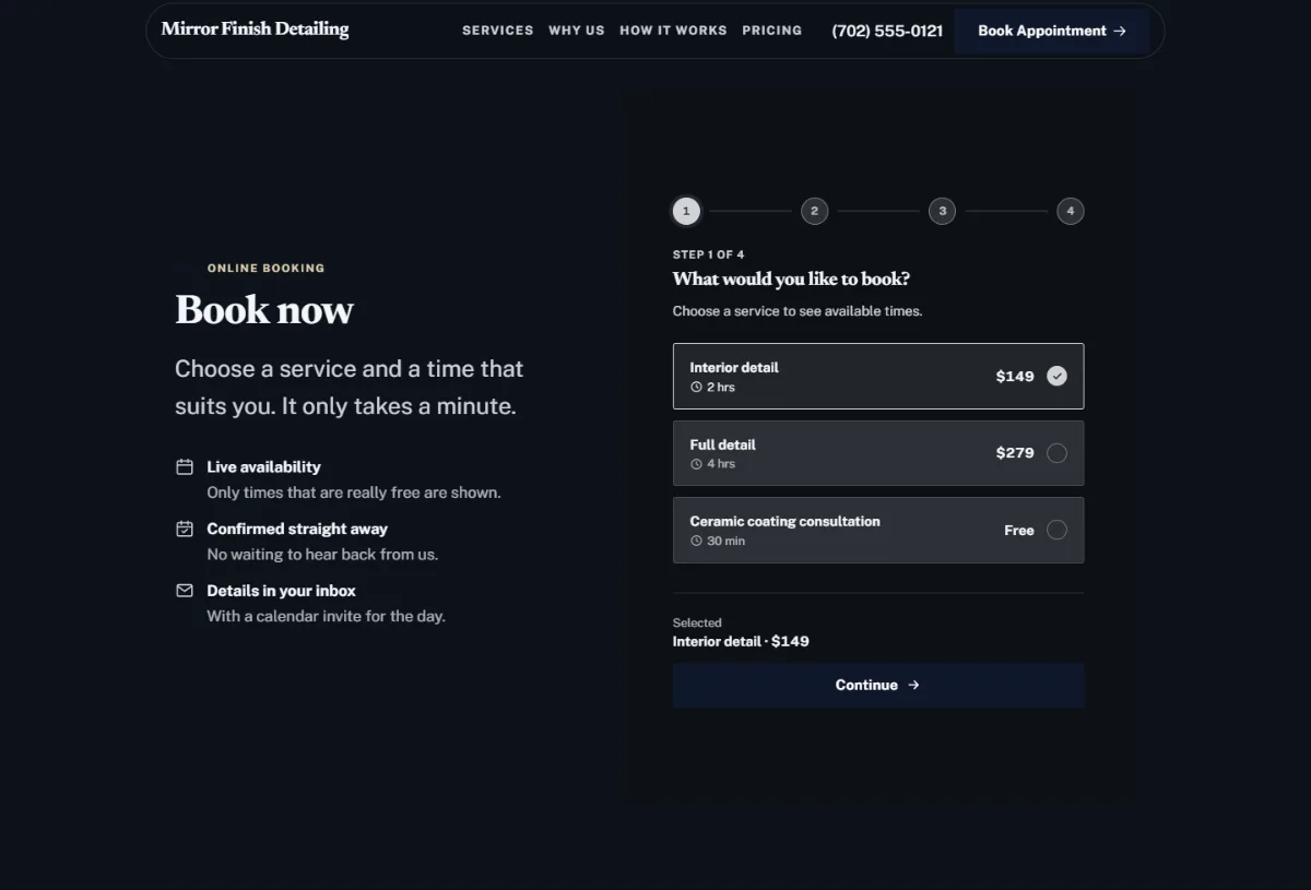 Online booking form on the Luxury car detailing website template: customers choose a service, then a free time