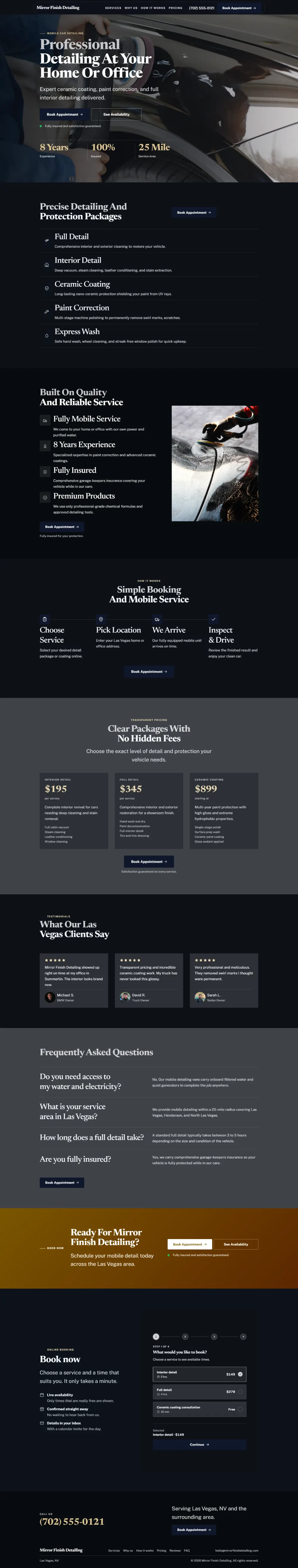 Luxury car detailing website template, the whole home page: dark and understated, with a serif headline over a full-width photo