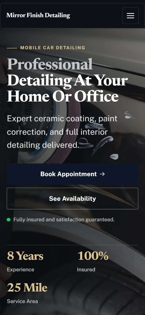 Luxury car detailing website template on a phone: dark and understated, with a serif headline over a full-width photo