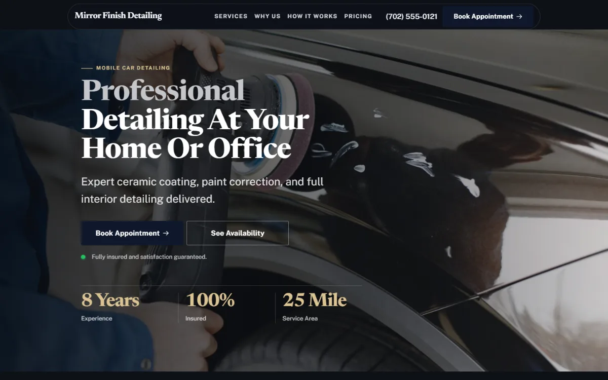 Luxury car detailing website template: dark and understated, with a serif headline over a full-width photo