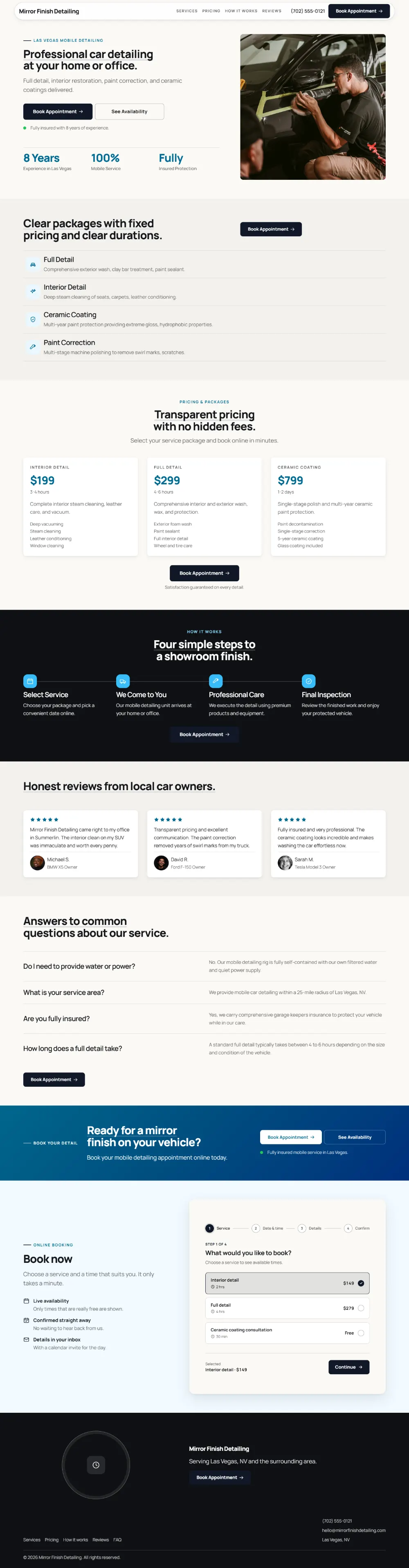 Professional car detailing website template, the whole home page: clean and structured, with a photo beside the headline