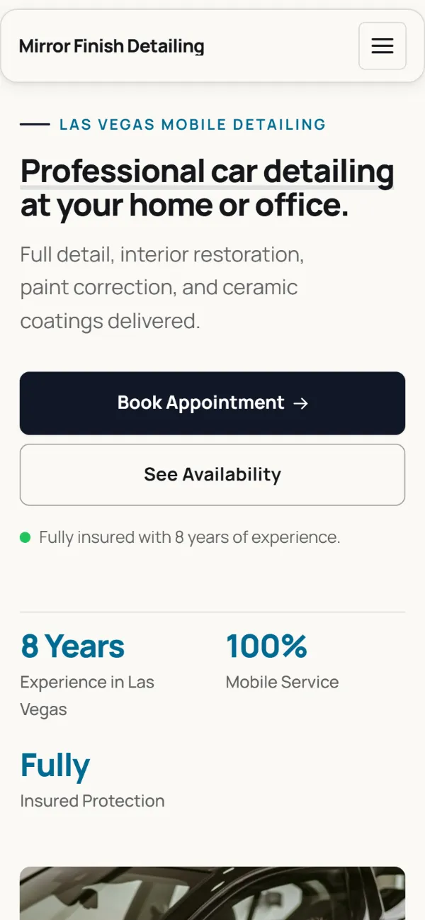 Professional car detailing website template on a phone: clean and structured, with a photo beside the headline