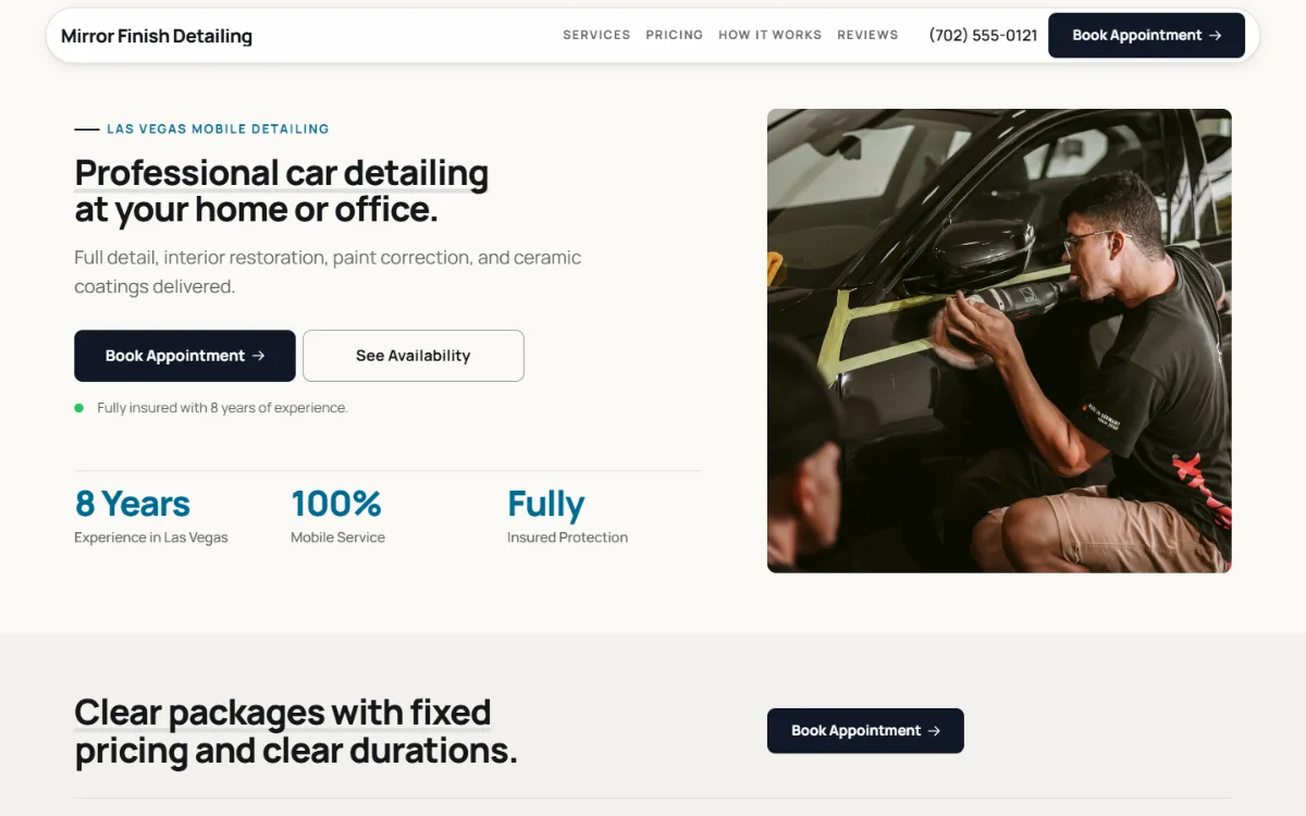 Professional car detailing website template: clean and structured, with a photo beside the headline