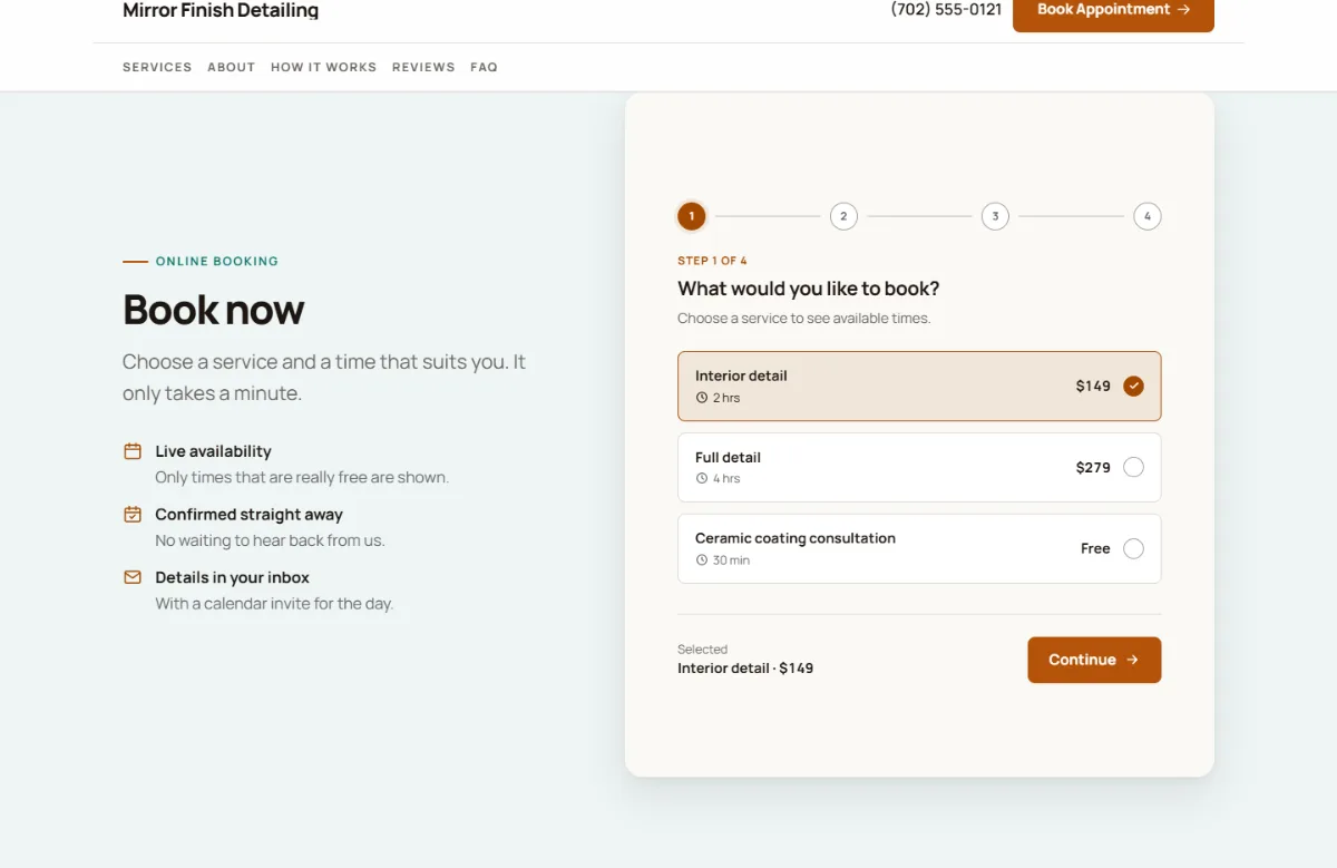 Online booking form on the Warm car detailing website template: customers choose a service, then a free time