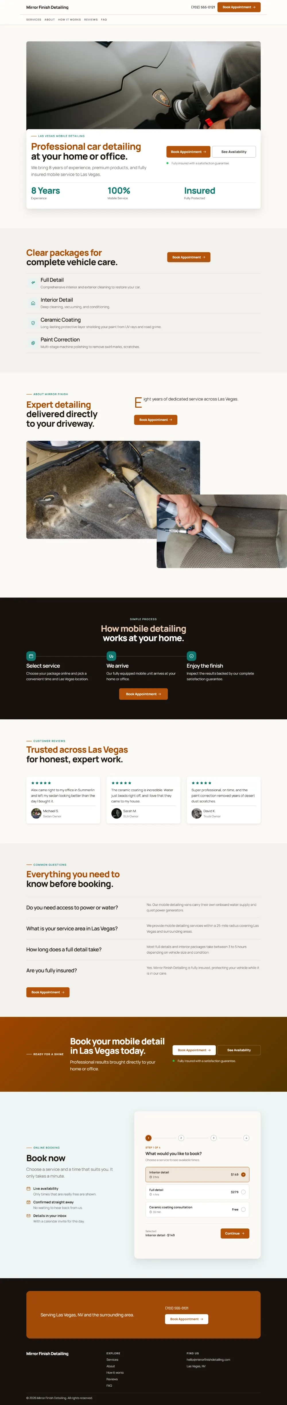 Warm car detailing website template, the whole home page: soft cards and warm colours under a wide photo