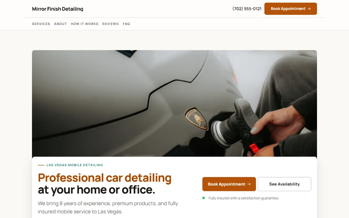 Warm car detailing website template: soft cards and warm colours under a wide photo