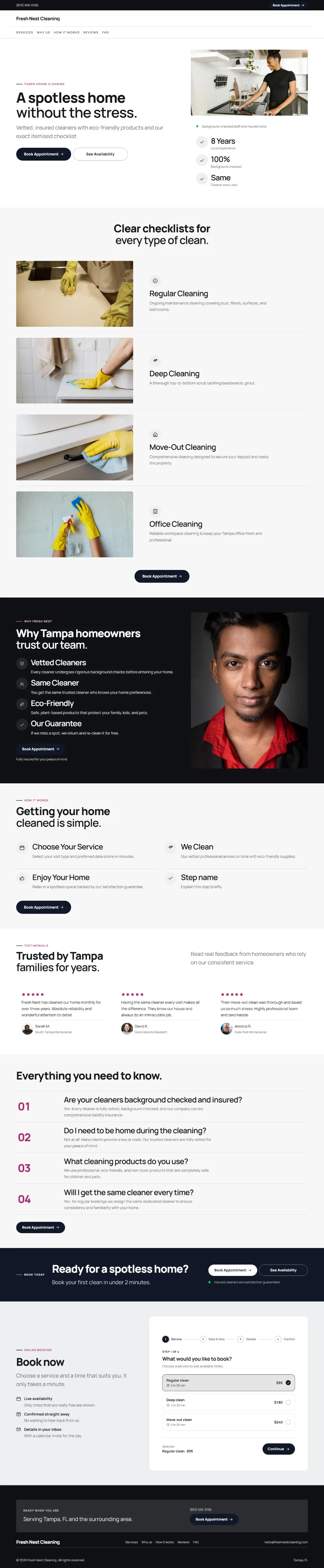 Bold cleaning company website template, the whole home page: a dark first screen, big capital headlines and one loud accent colour