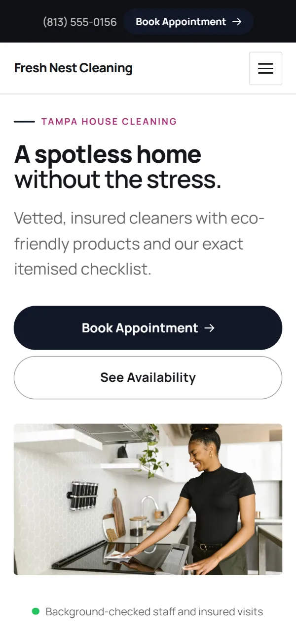 Bold cleaning company website template on a phone: a dark first screen, big capital headlines and one loud accent colour