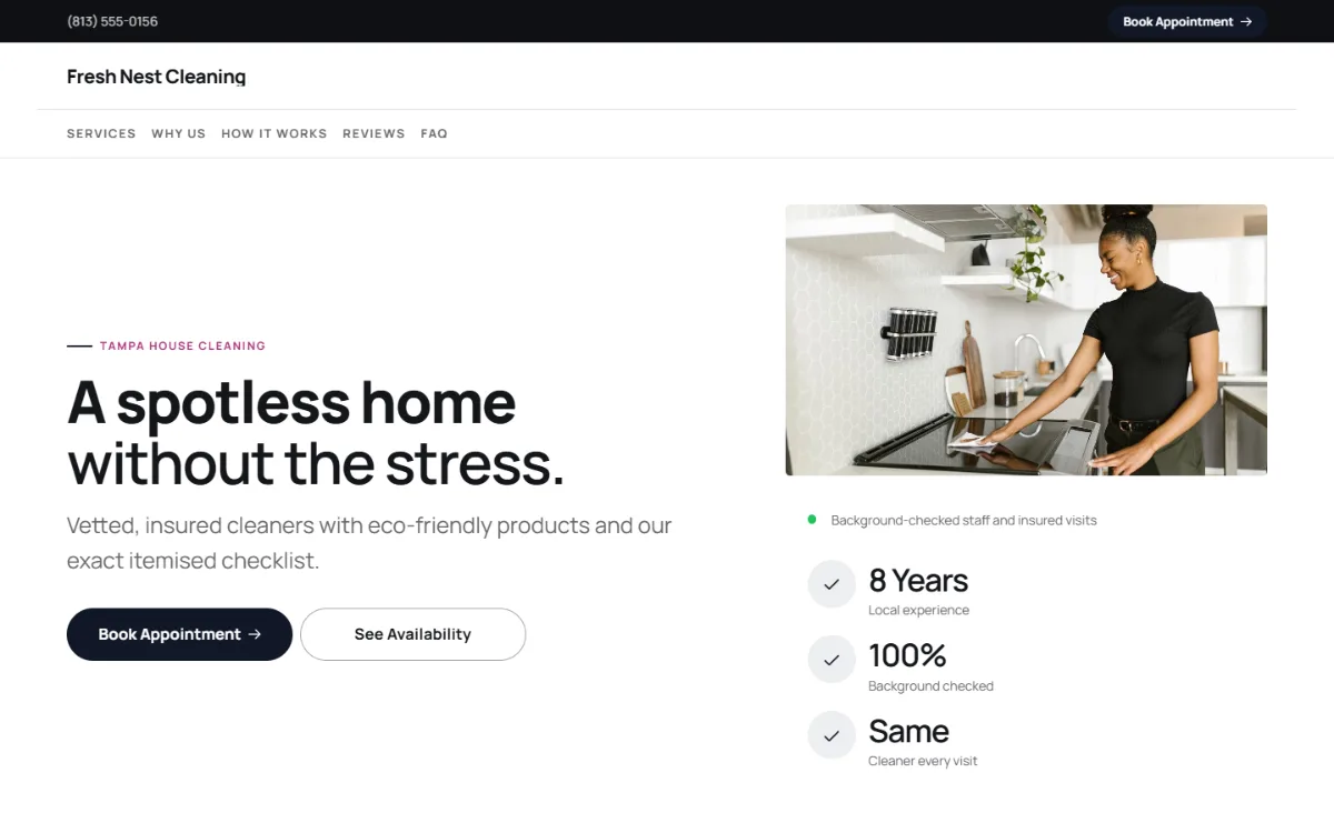 Bold cleaning company website template: a dark first screen, big capital headlines and one loud accent colour
