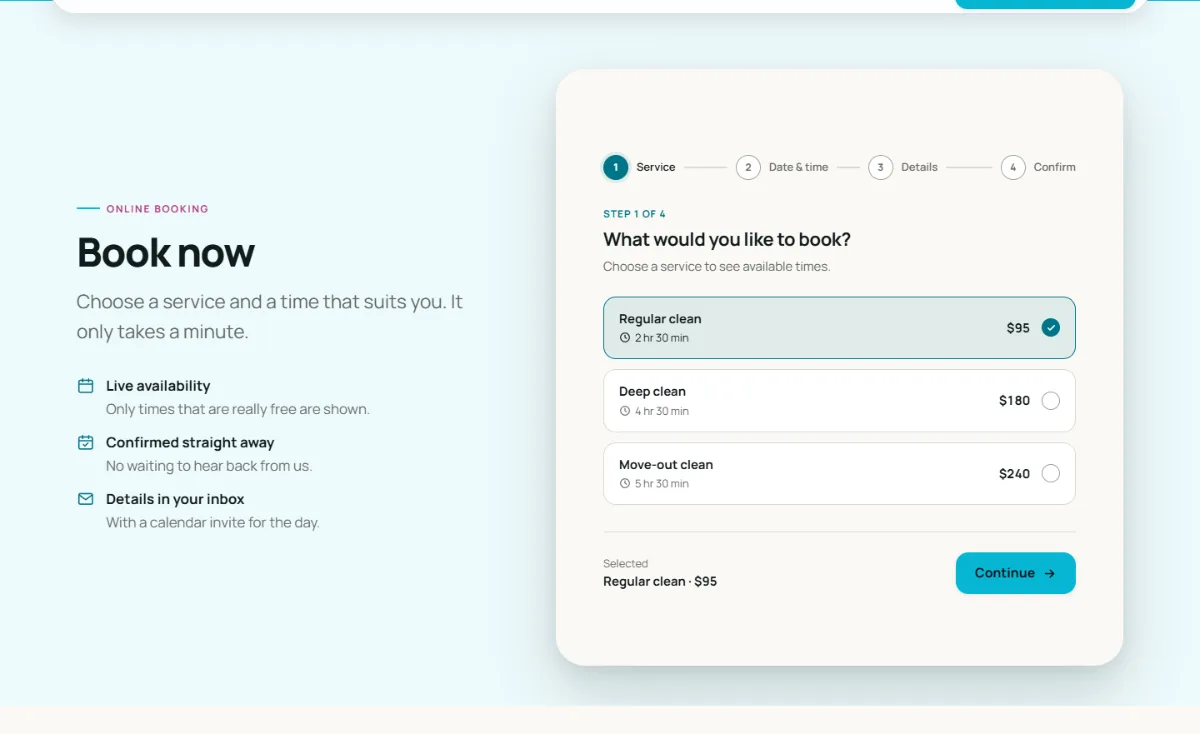 Online booking form on the Bright cleaning company website template: customers choose a service, then a free time