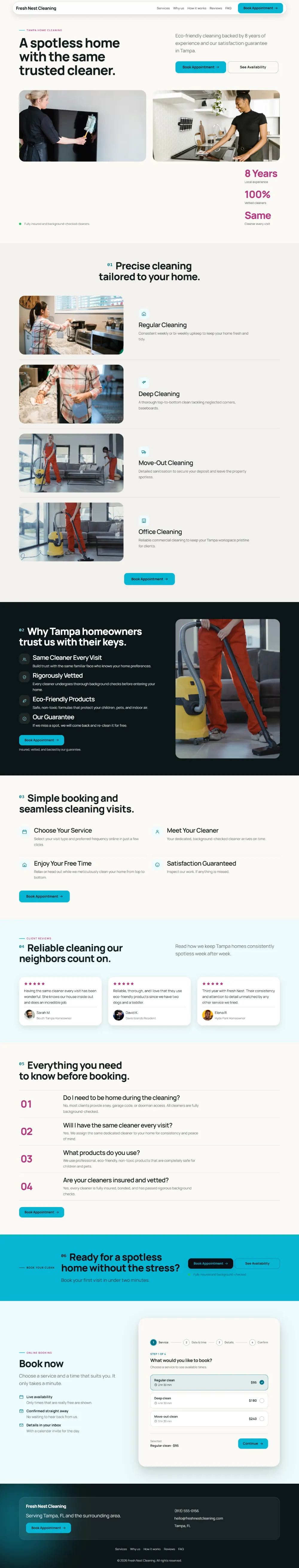 Bright cleaning company website template, the whole home page: light and airy, with two photos under the headline