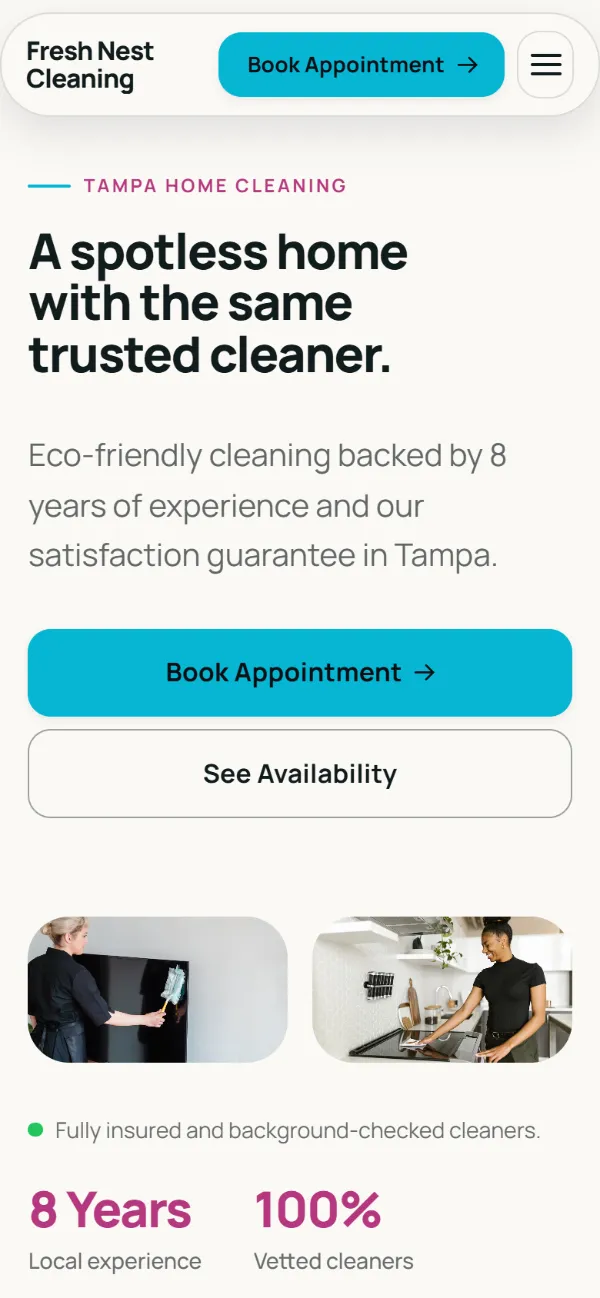 Bright cleaning company website template on a phone: light and airy, with two photos under the headline