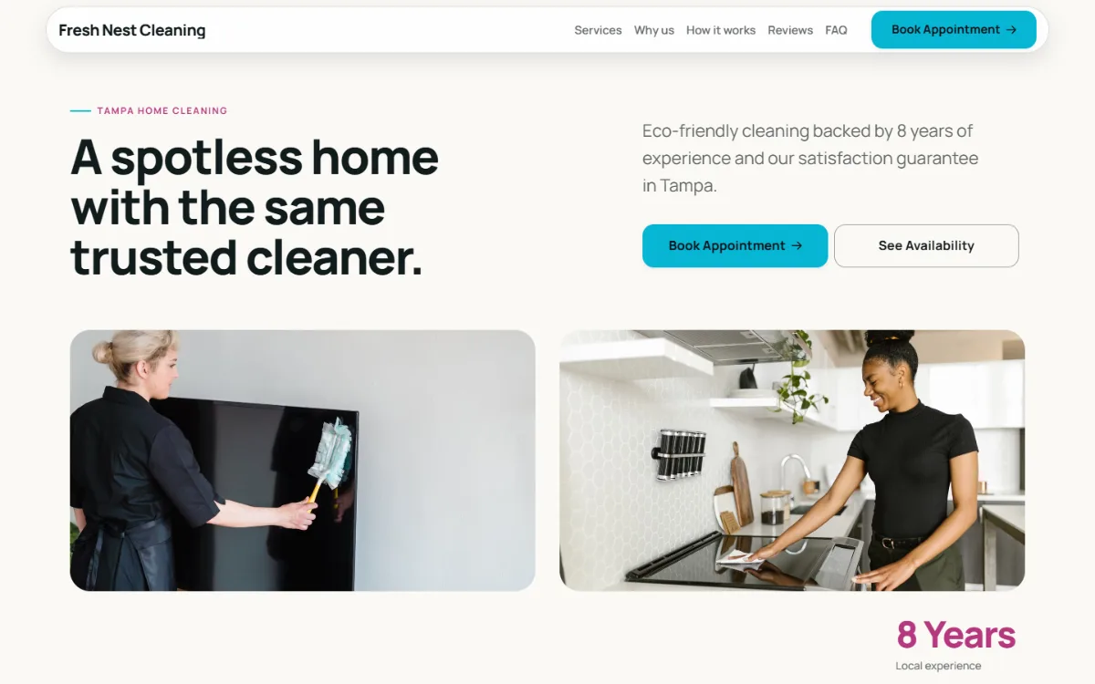 Bright cleaning company website template: light and airy, with two photos under the headline