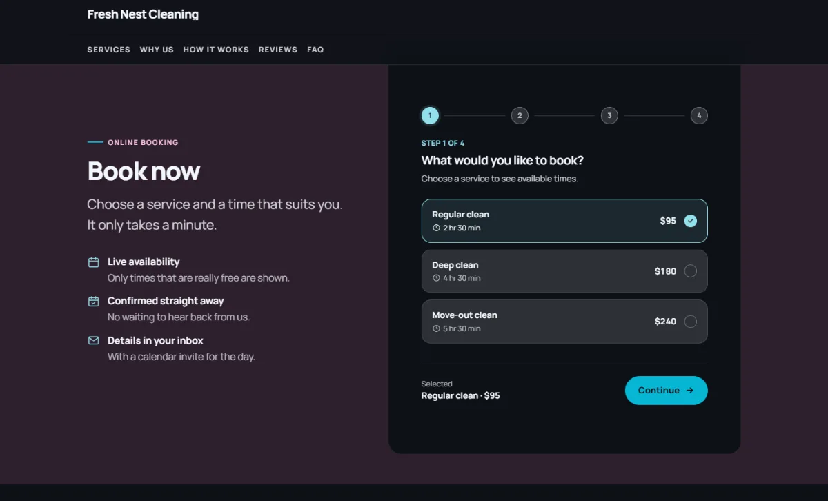 Online booking form on the Dark cleaning company website template: customers choose a service, then a free time