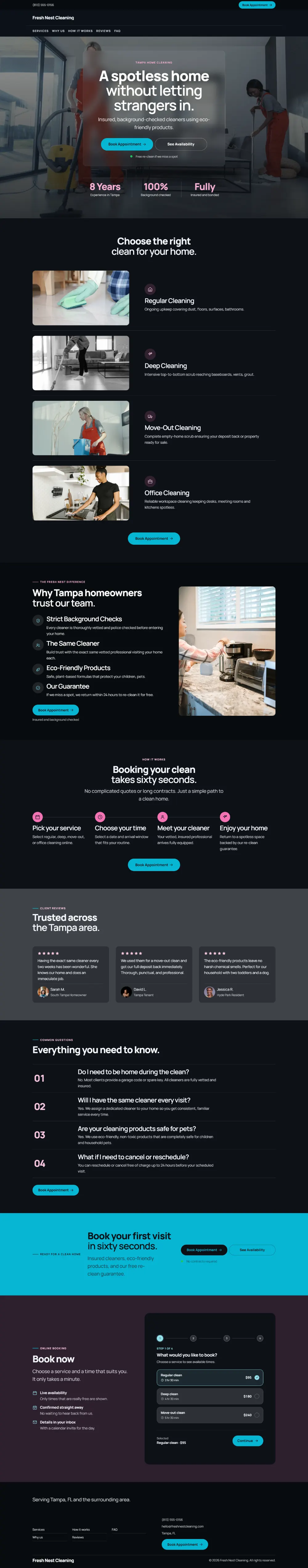 Dark cleaning company website template, the whole home page: dark mode throughout, with a glass card over the photo