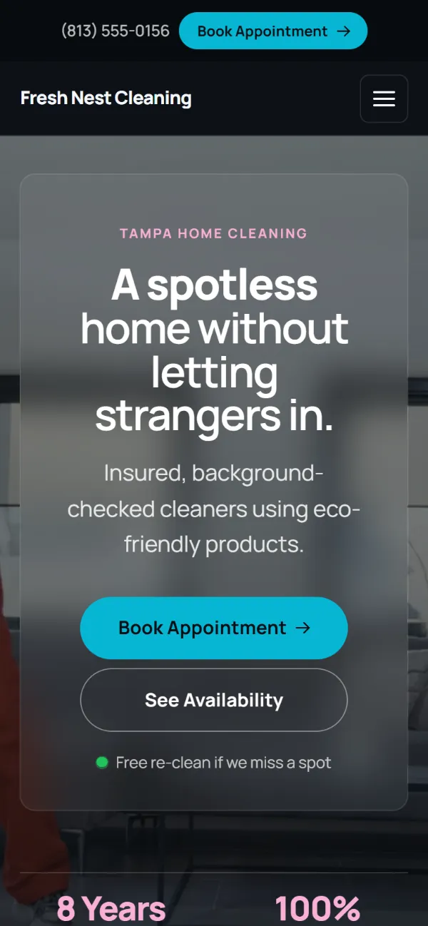 Dark cleaning company website template on a phone: dark mode throughout, with a glass card over the photo