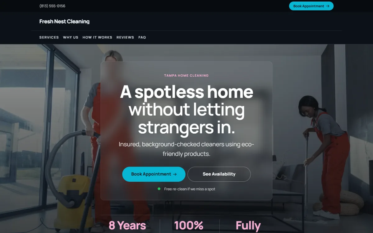 Dark cleaning company website template: dark mode throughout, with a glass card over the photo