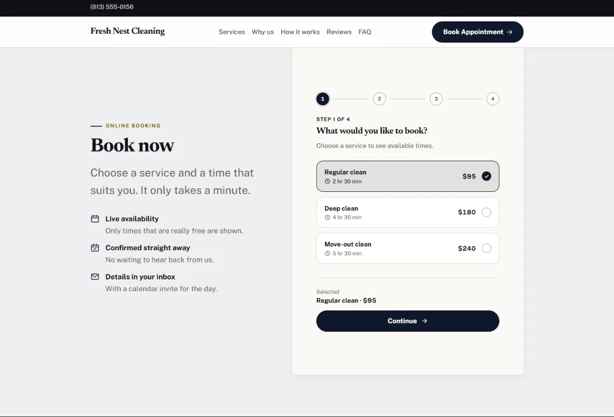 Online booking form on the Luxury cleaning company website template: customers choose a service, then a free time