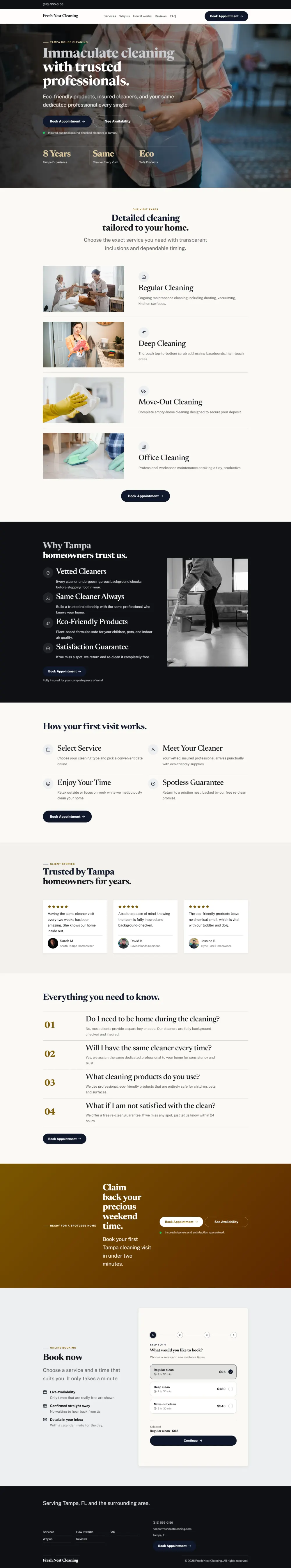 Luxury cleaning company website template, the whole home page: dark and understated, with a serif headline over a full-width photo