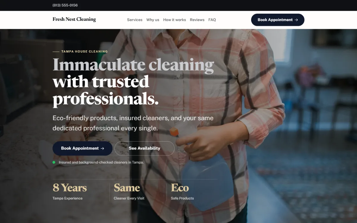Luxury cleaning company website template: dark and understated, with a serif headline over a full-width photo