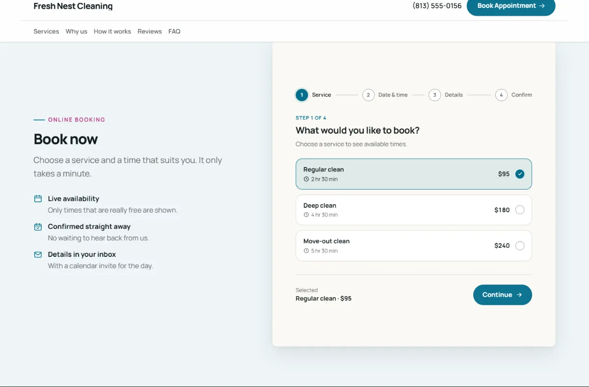 Online booking form on the Professional cleaning company website template: customers choose a service, then a free time