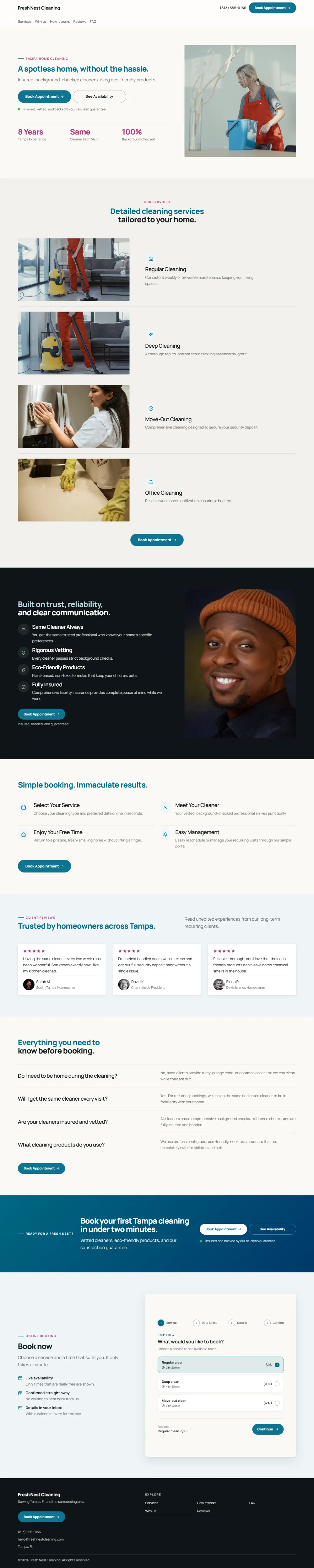 Professional cleaning company website template, the whole home page: clean and structured, with a photo beside the headline