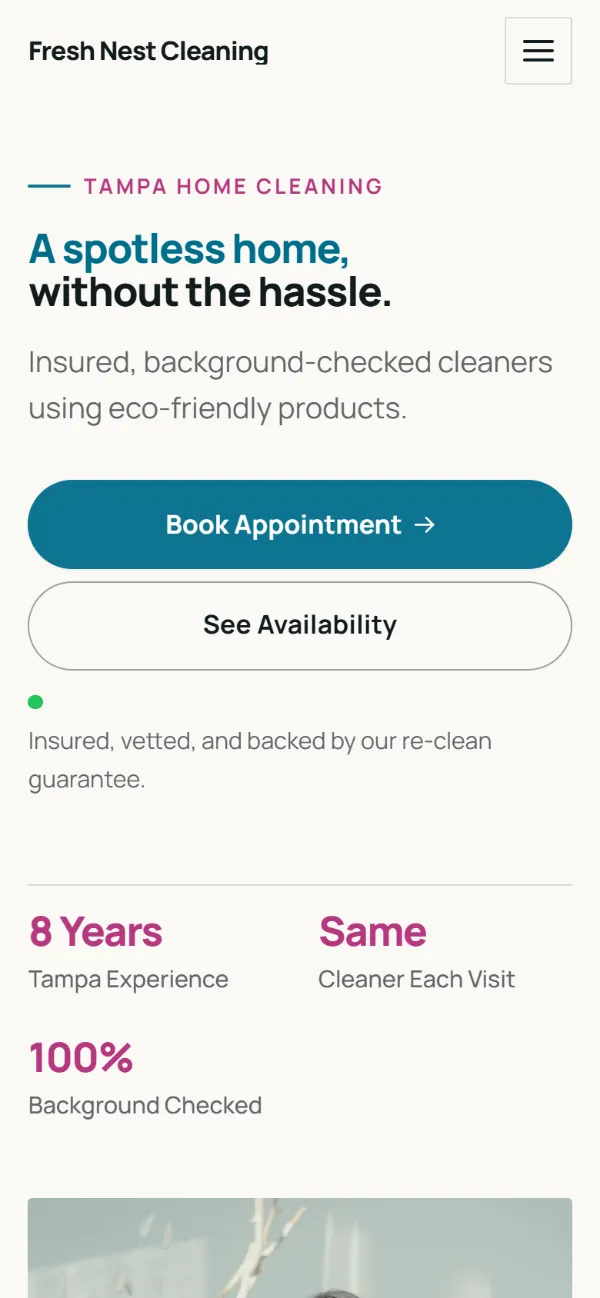 Professional cleaning company website template on a phone: clean and structured, with a photo beside the headline