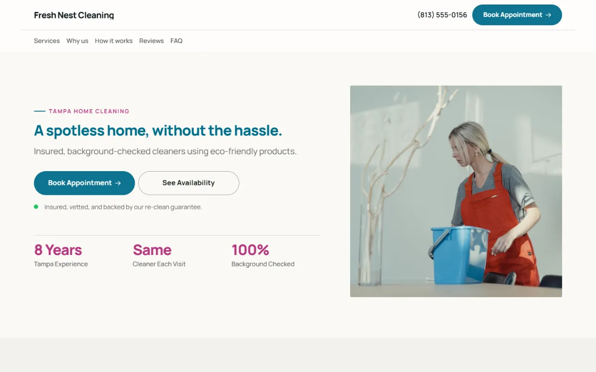 Professional cleaning company website template: clean and structured, with a photo beside the headline