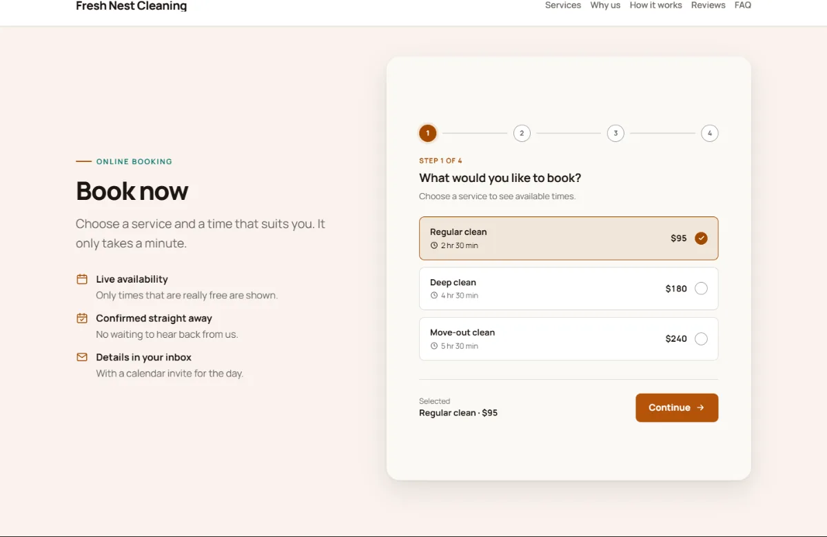 Online booking form on the Warm cleaning company website template: customers choose a service, then a free time