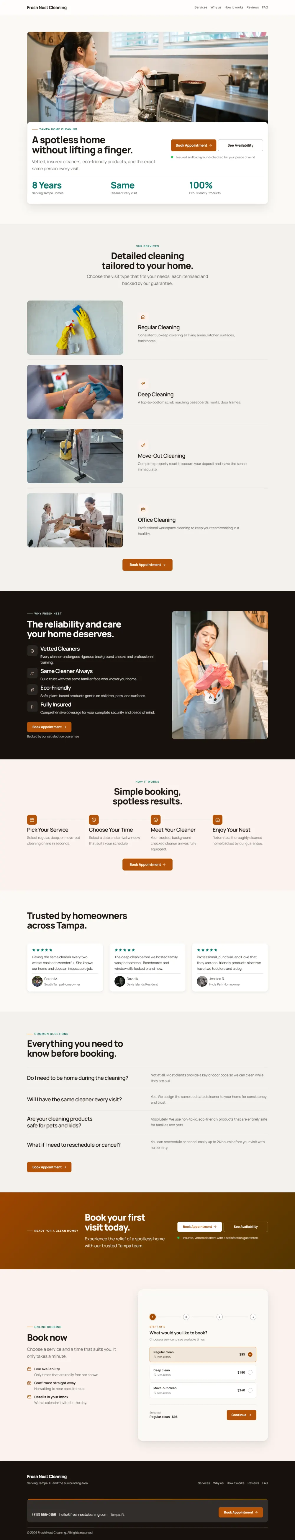 Warm cleaning company website template, the whole home page: soft cards and warm colours under a wide photo