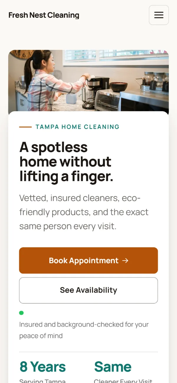 Warm cleaning company website template on a phone: soft cards and warm colours under a wide photo
