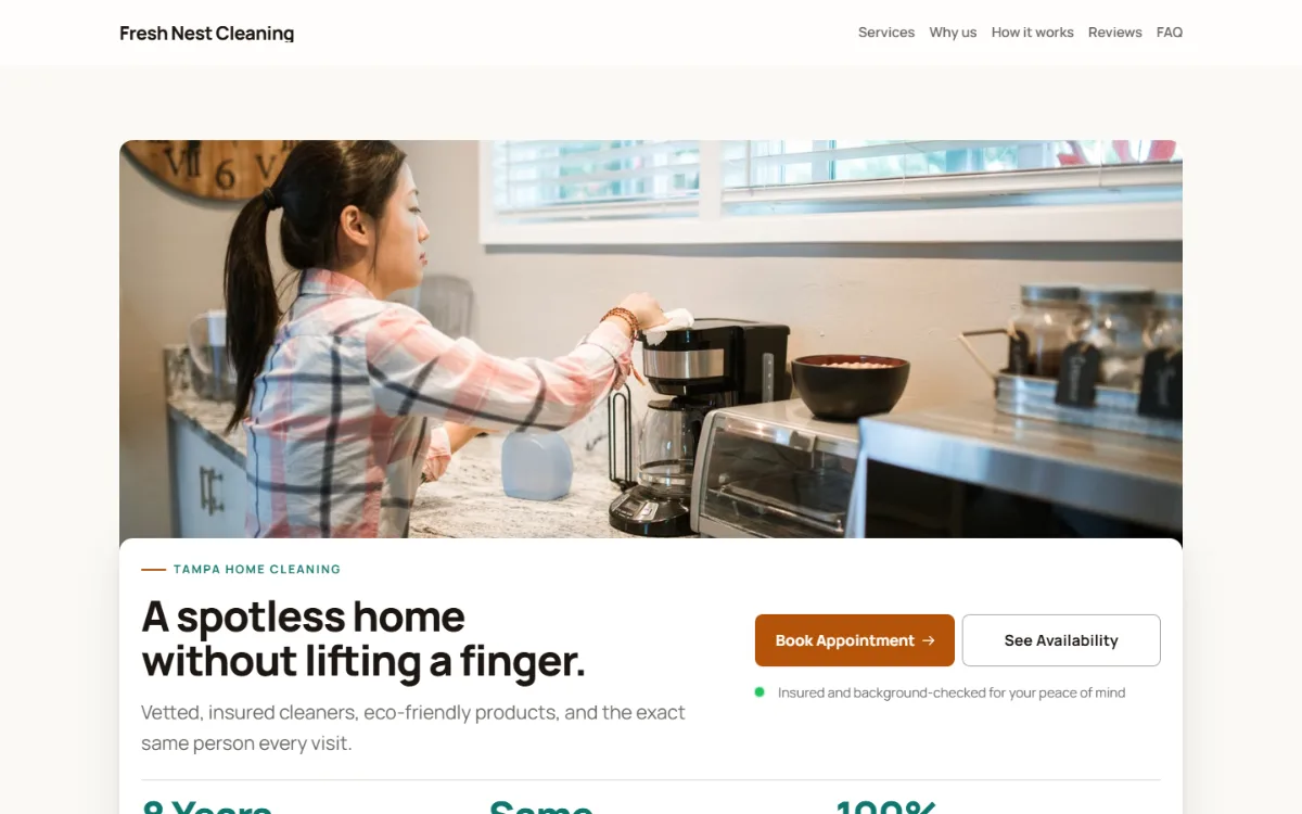 Warm cleaning company website template: soft cards and warm colours under a wide photo
