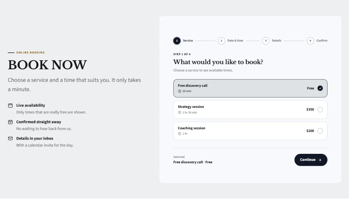 Online booking form on the Bold consulting website template: customers choose a service, then a free time
