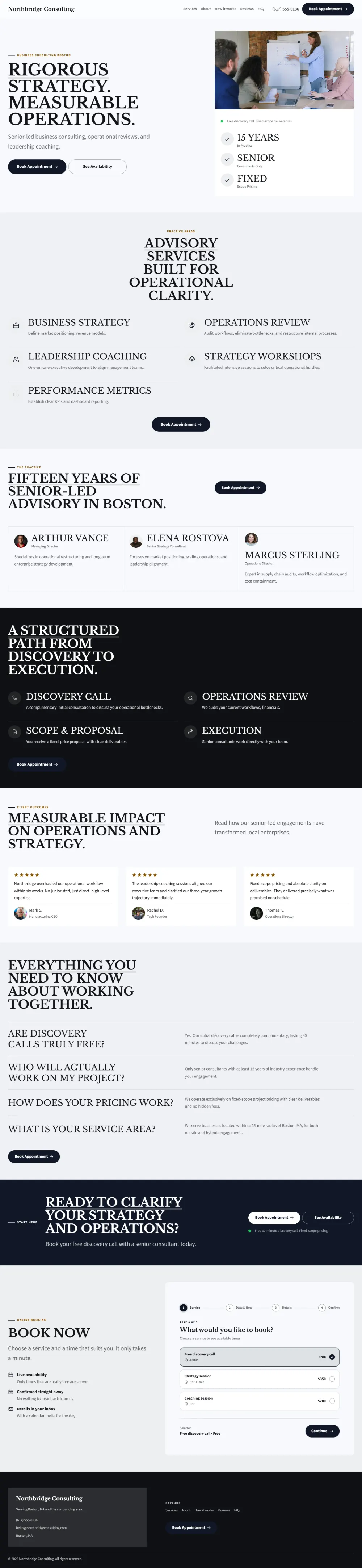 Bold consulting website template, the whole home page: a dark first screen, big capital headlines and one loud accent colour