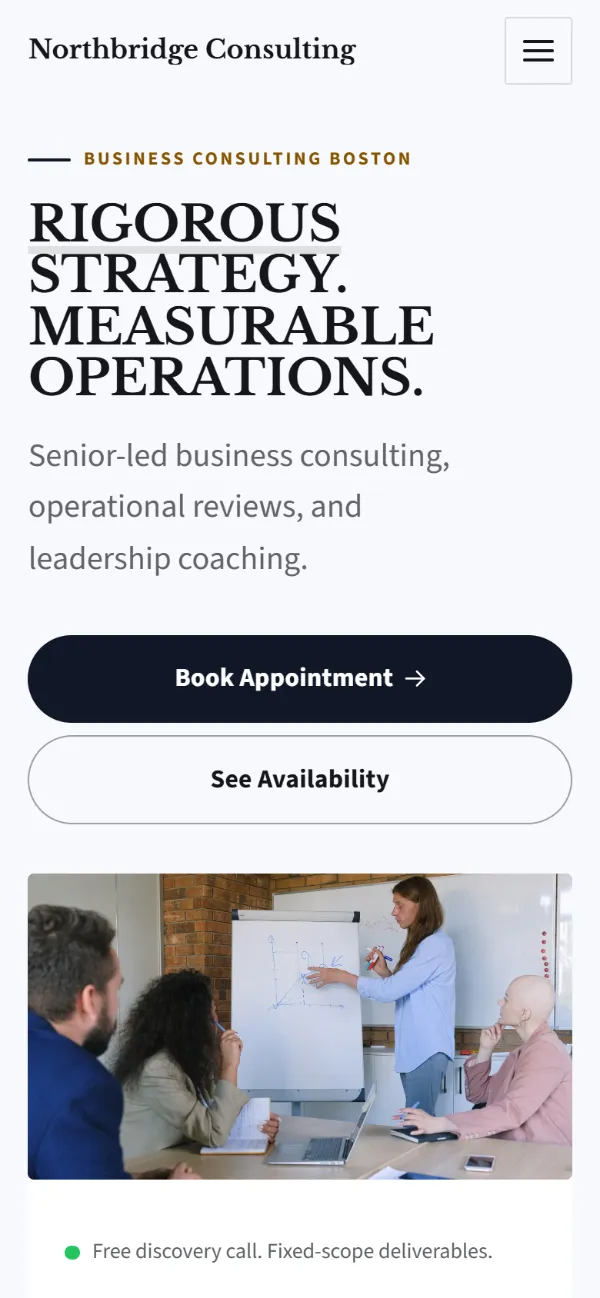 Bold consulting website template on a phone: a dark first screen, big capital headlines and one loud accent colour