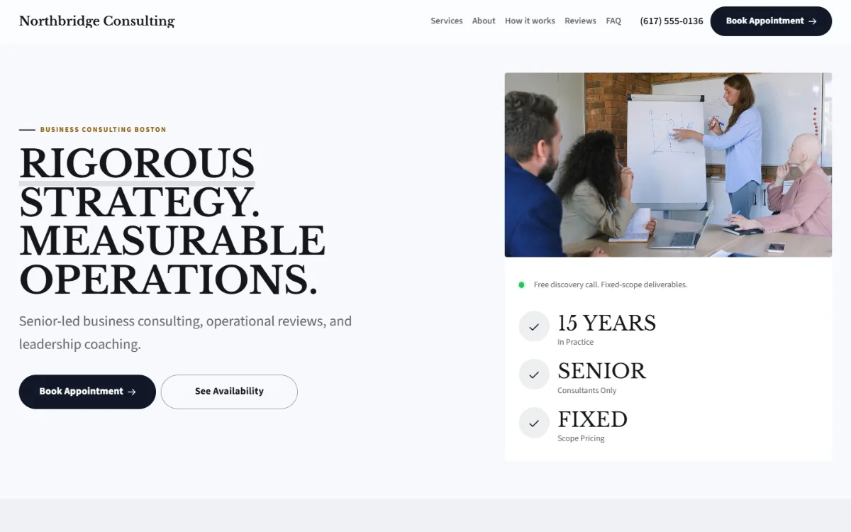 Bold consulting website template: a dark first screen, big capital headlines and one loud accent colour