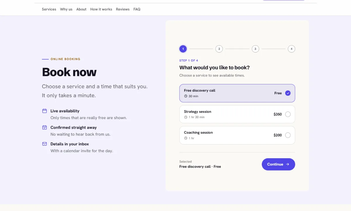 Online booking form on the Bright consulting website template: customers choose a service, then a free time