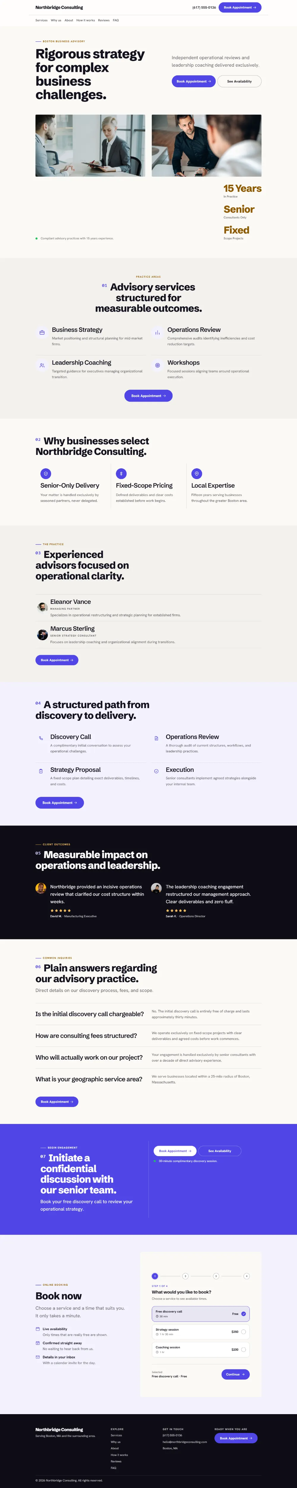 Bright consulting website template, the whole home page: light and airy, with two photos under the headline