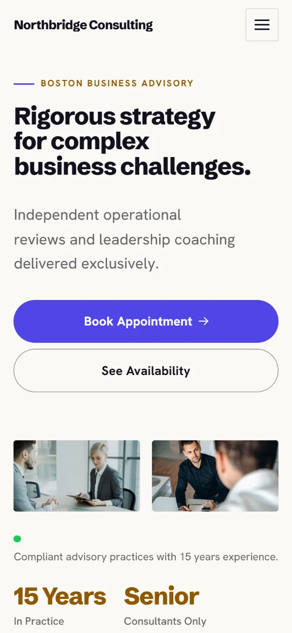 Bright consulting website template on a phone: light and airy, with two photos under the headline