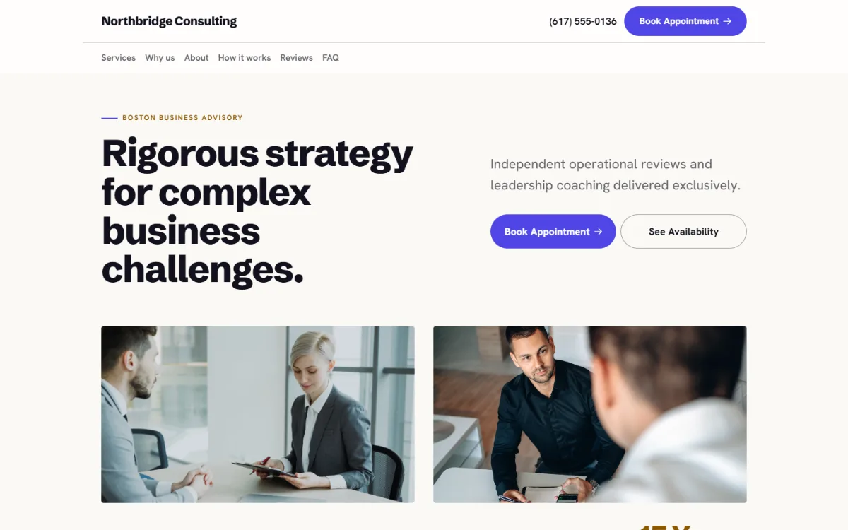 Bright consulting website template: light and airy, with two photos under the headline