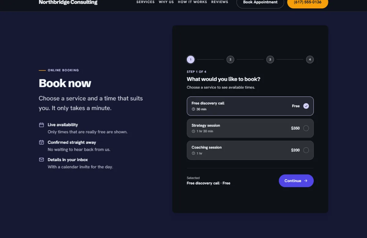 Online booking form on the Dark consulting website template: customers choose a service, then a free time