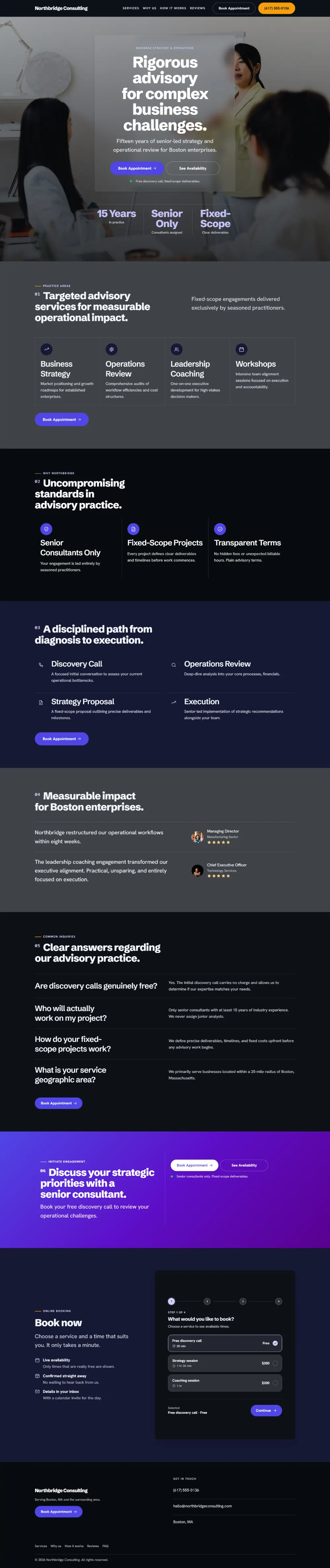Dark consulting website template, the whole home page: dark mode throughout, with a glass card over the photo
