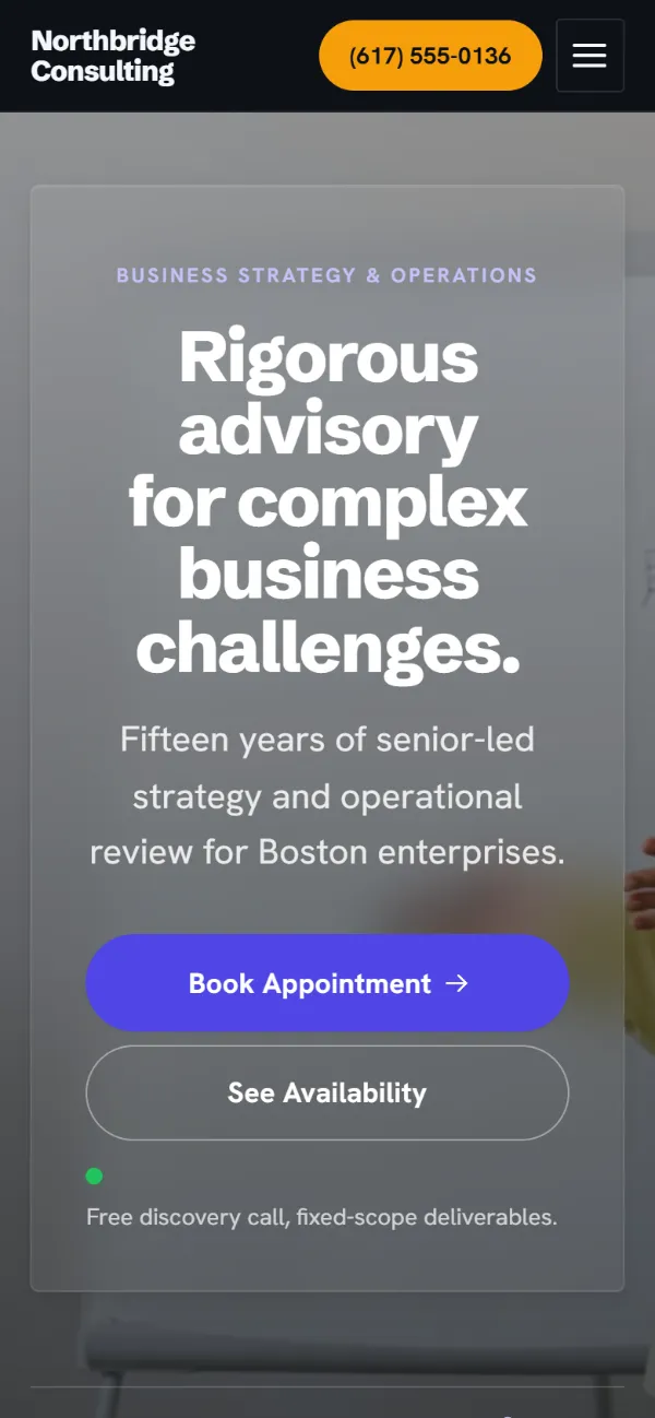 Dark consulting website template on a phone: dark mode throughout, with a glass card over the photo