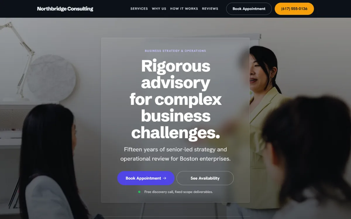 Dark consulting website template: dark mode throughout, with a glass card over the photo