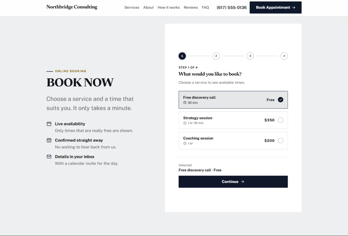 Online booking form on the Luxury consulting website template: customers choose a service, then a free time
